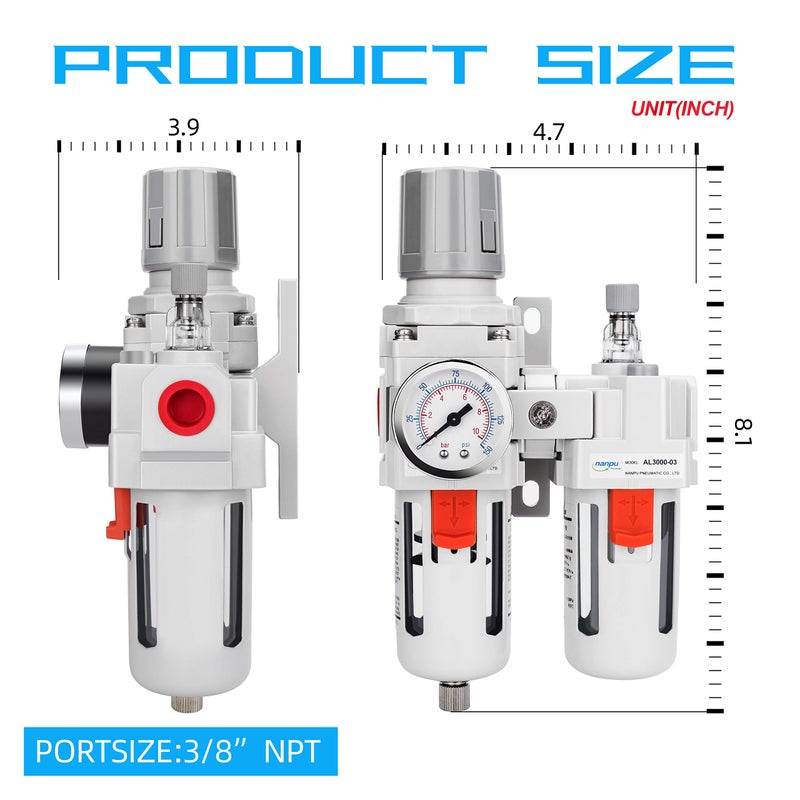 NANPU 3/8" NPT Compressed Air Filter Regulator Lubricator Combo Water/Oil Trap Separator - Gauge(0-150 psi), Poly Bowl, Semi-Auto Drain, Bracket - 3 in 1 Two Unit - Image 3